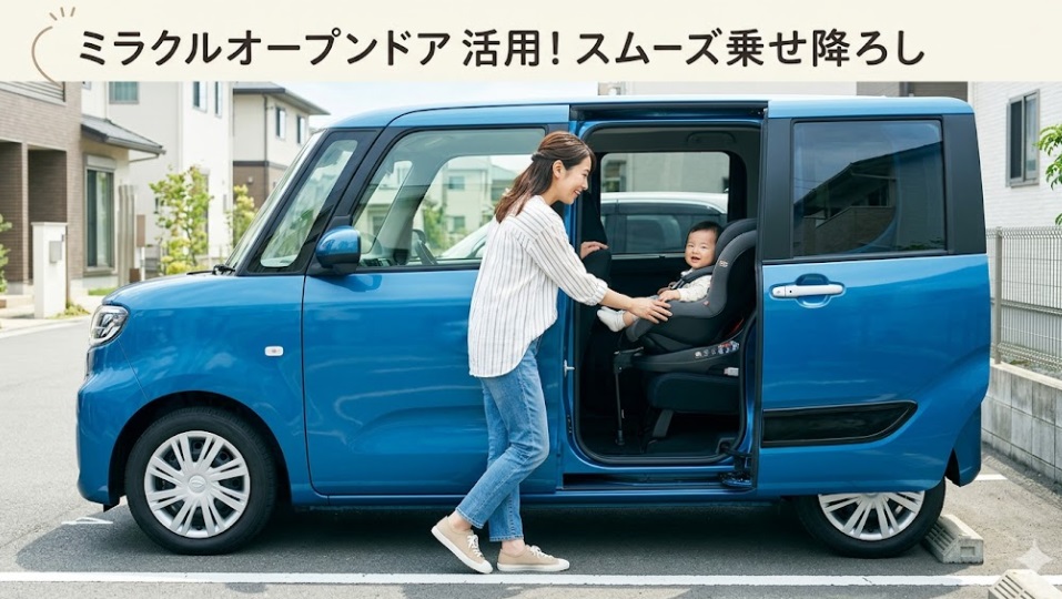 タントのミラクルオープンドア側からのチャイルドシート乗せ降ろし