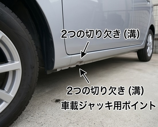 ミライースの前輪側(フロント)ジャッキアップポイントの切り欠き位置