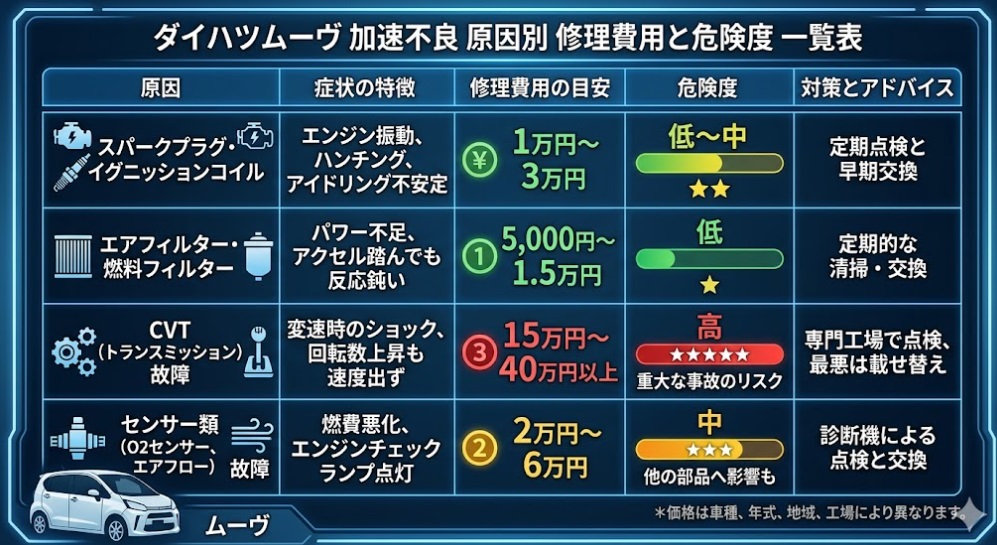 ダイハツムーヴの加速不良の原因別修理費用一覧表