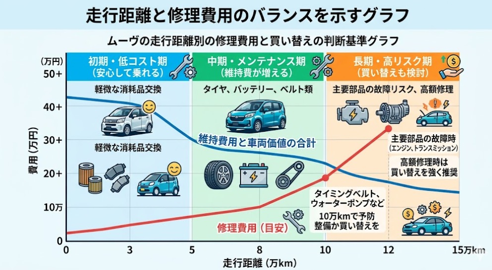 ムーヴの走行距離別の修理費用と買い替えの判断基準グラフ