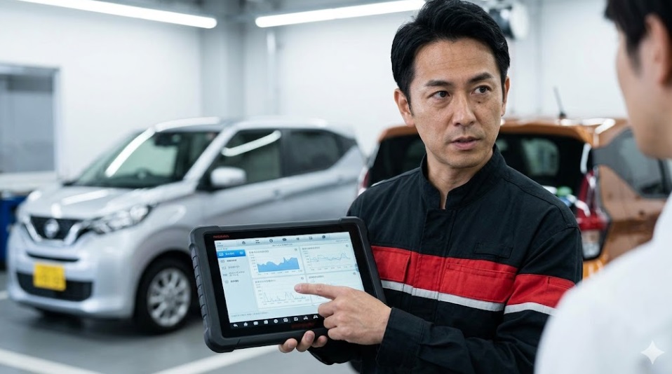 日産デイズのデータを分析するプロの日本人整備士