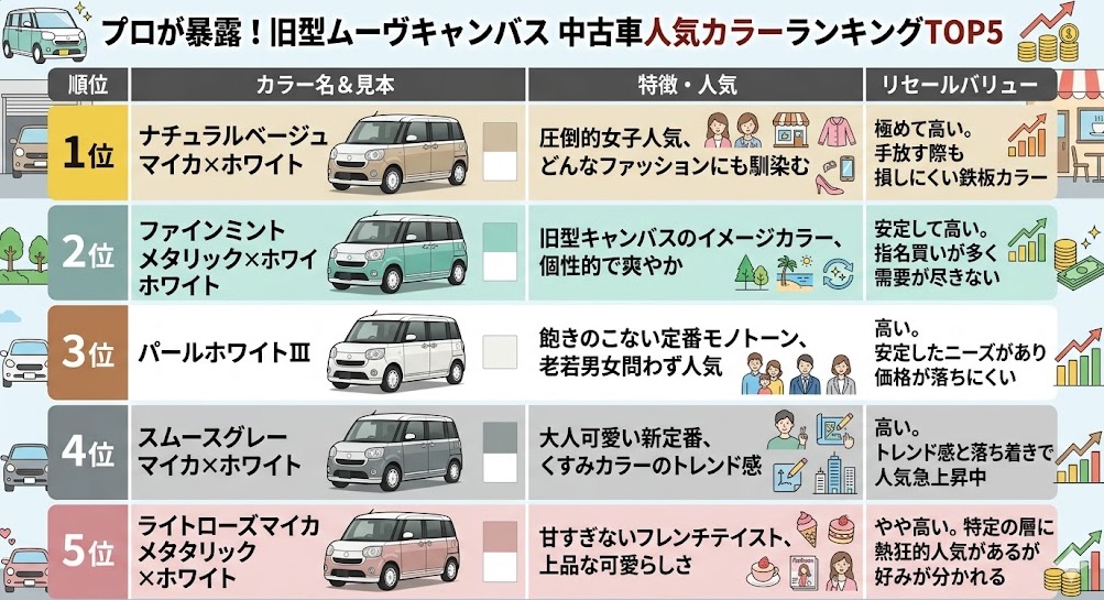 旧型ムーヴキャンバスの中古車人気カラーランキングTOP5