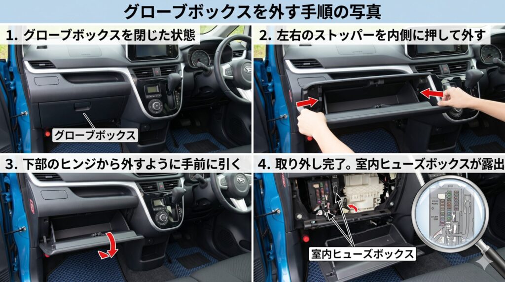 ムーヴ LA100S グローブボックスの外し方と室内ヒューズボックスの位置