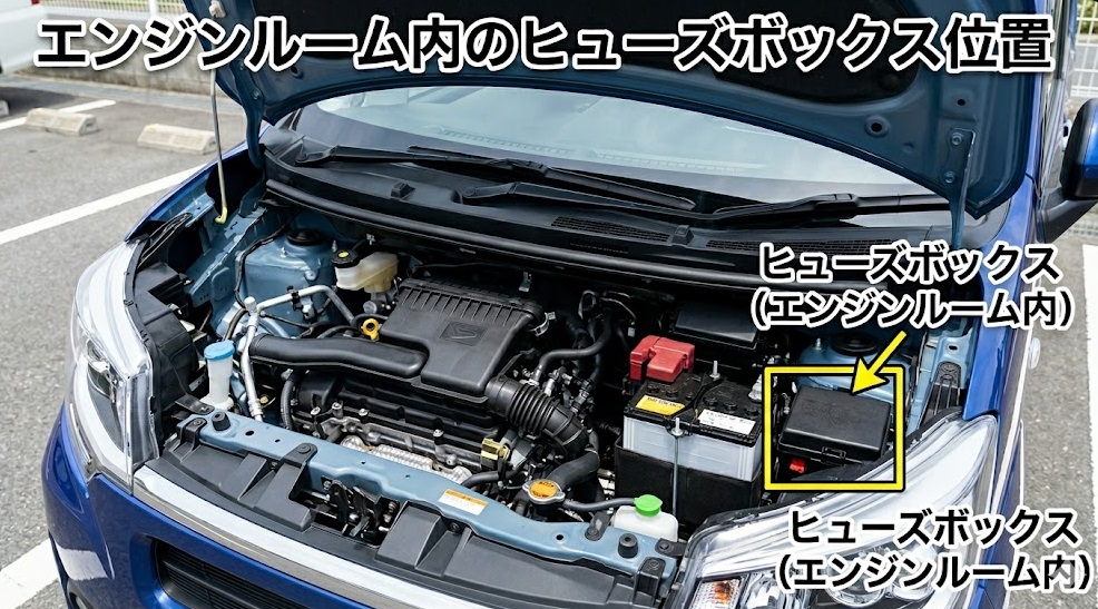 ムーヴ LA100S エンジンルーム内ヒューズボックスの位置