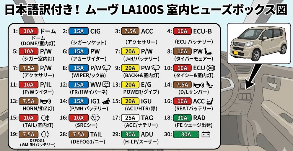 ムーヴ LA100S 室内ヒューズボックス図の完全日本語訳とアンペア数