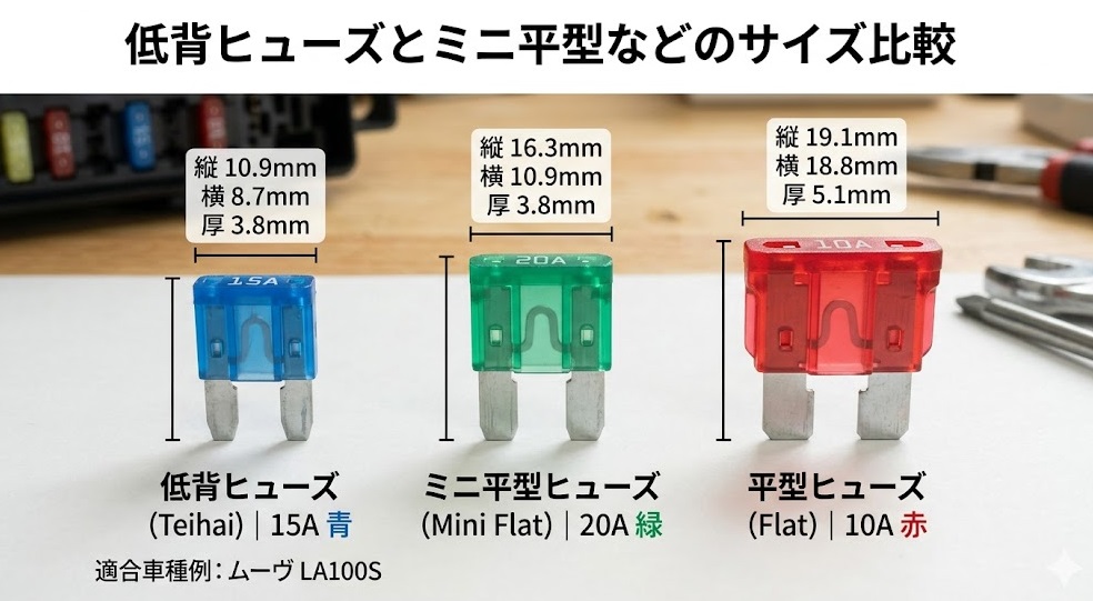 ムーヴ LA100Sに適合する低背（ていはい）ヒューズのサイズ確認