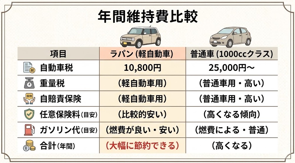 ラパンと1000ccクラスの普通車の年間維持費比較