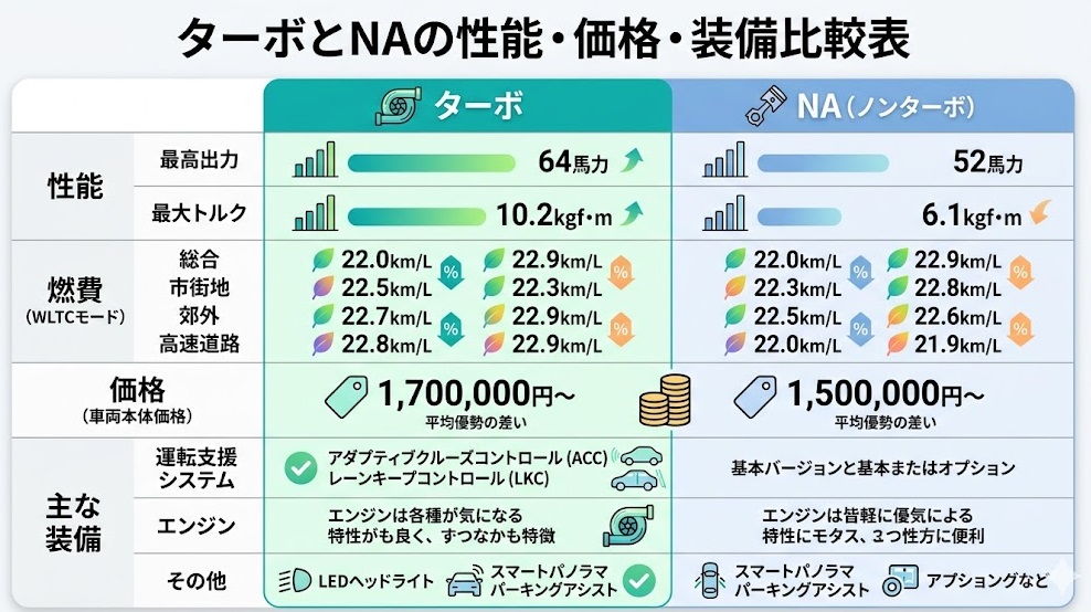 ムーヴキャンバスのターボとNAの比較表