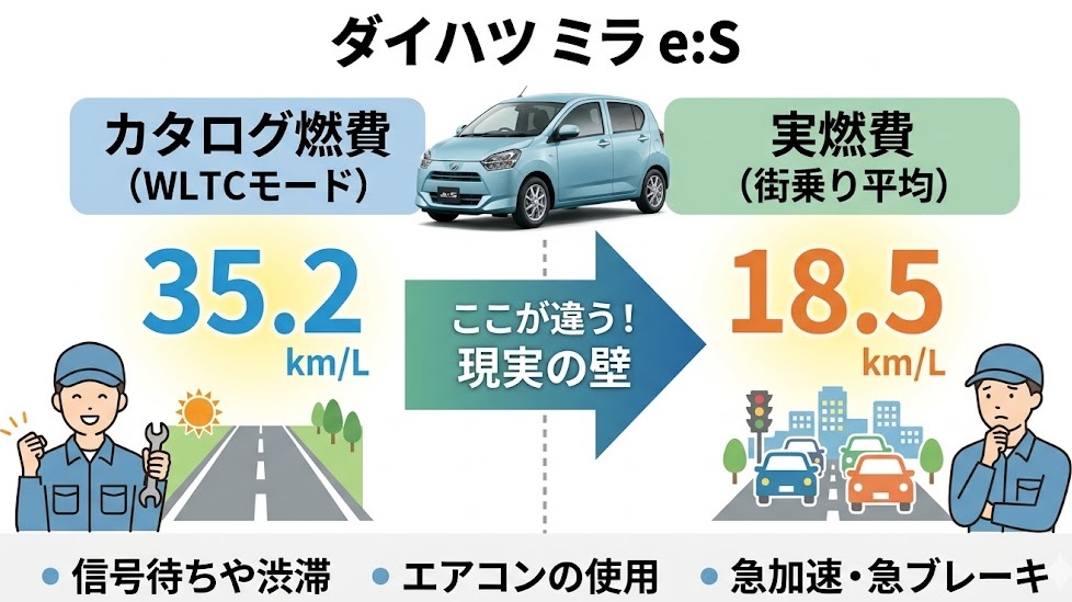 ミライースのカタログ値と実燃費の比較グラフ
