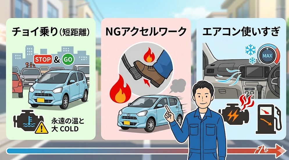 チョイ乗りや急加速など燃費が悪化する運転のイラスト