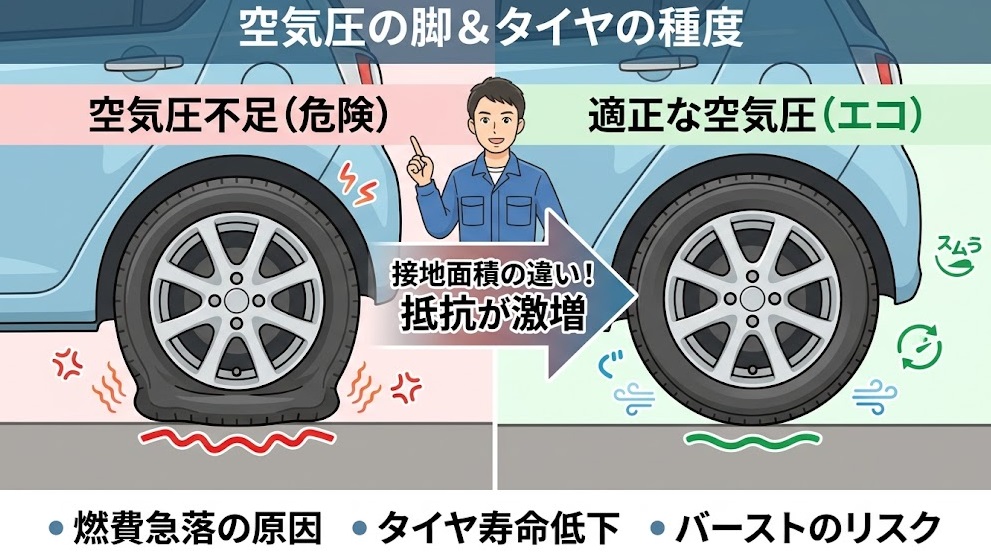 タイヤの空気圧不足による接地面積の違いを示す図解