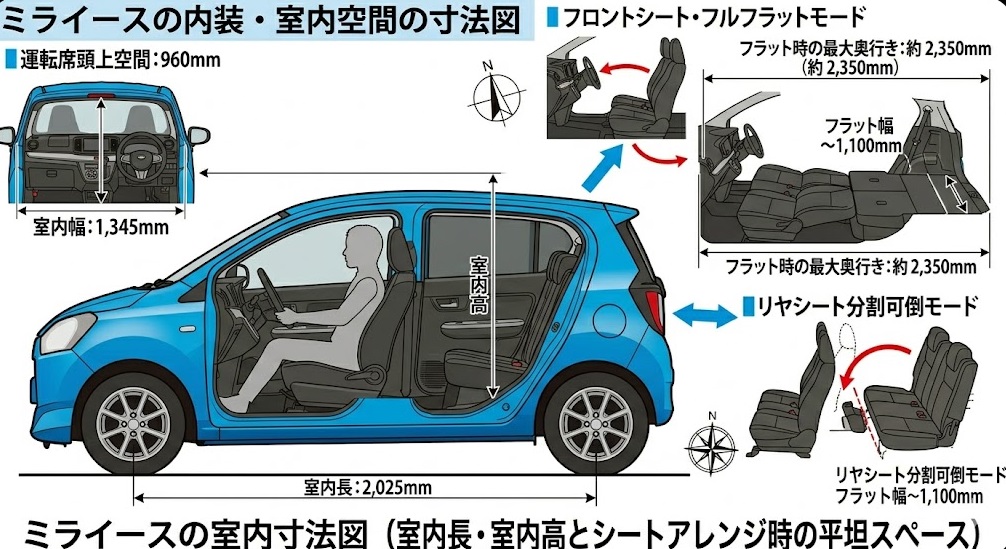 ミライースの室内寸法図（室内長・室内高とシートアレンジ時の平坦スペース）