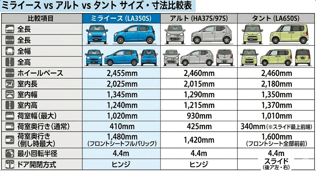 ミライース vs アルト vs タント サイズ・寸法比較表