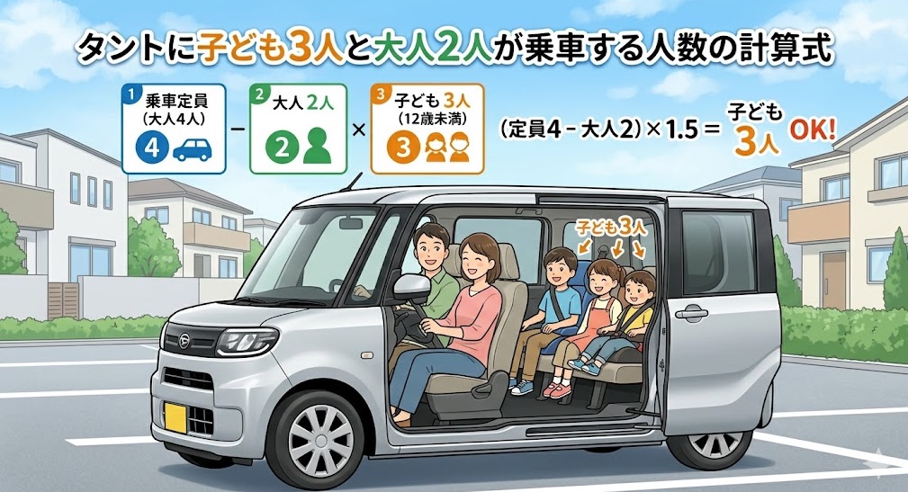 タントに子ども3人と大人2人が乗車する人数の計算式