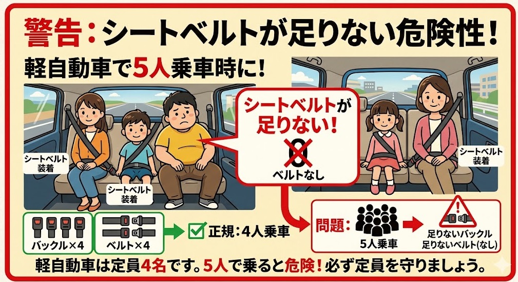 軽自動車で5人乗車時にシートベルトが足りない危険性