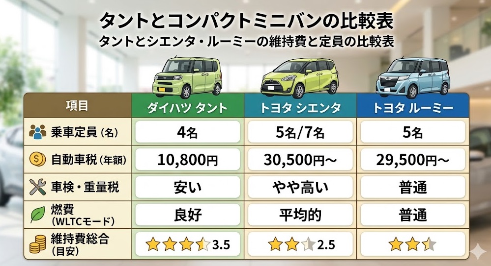 タントとシエンタ・ルーミーの維持費と定員の比較表