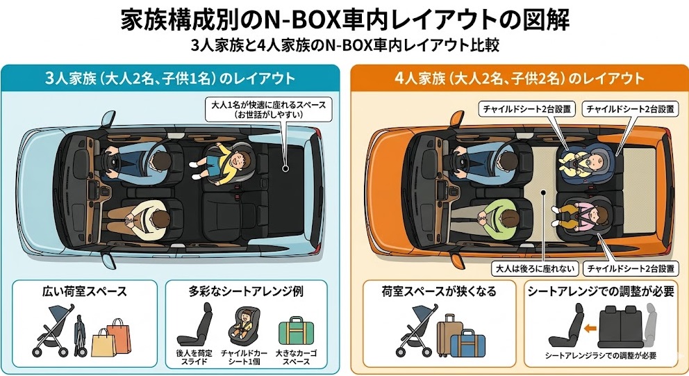 3人家族と4人家族のN-BOX車内レイアウト比較