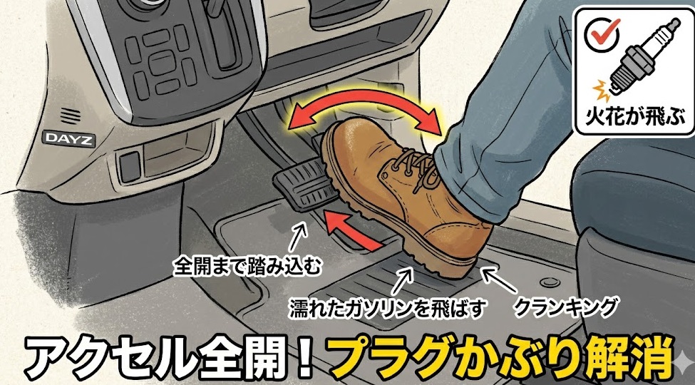 デイズのプラグかぶりを解消するアクセル全開でのエンジン始動手順