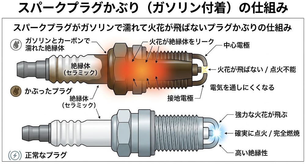 スパークプラグがガソリンで濡れて火花が飛ばないプラグかぶりの仕組み