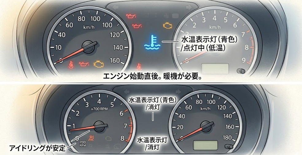 デイズのエンジン暖機運転の目安となる水温計ランプ