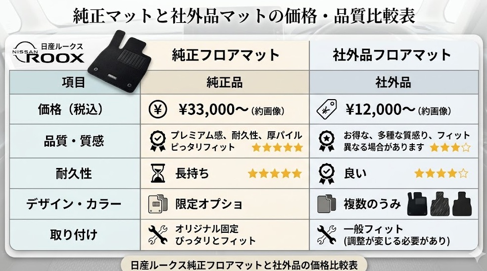 日産ルークス純正フロアマットと社外品の価格比較表