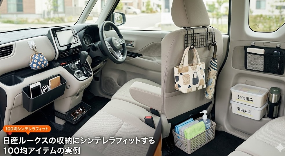 日産ルークスの収納にシンデレラフィットする100均アイテムの実例