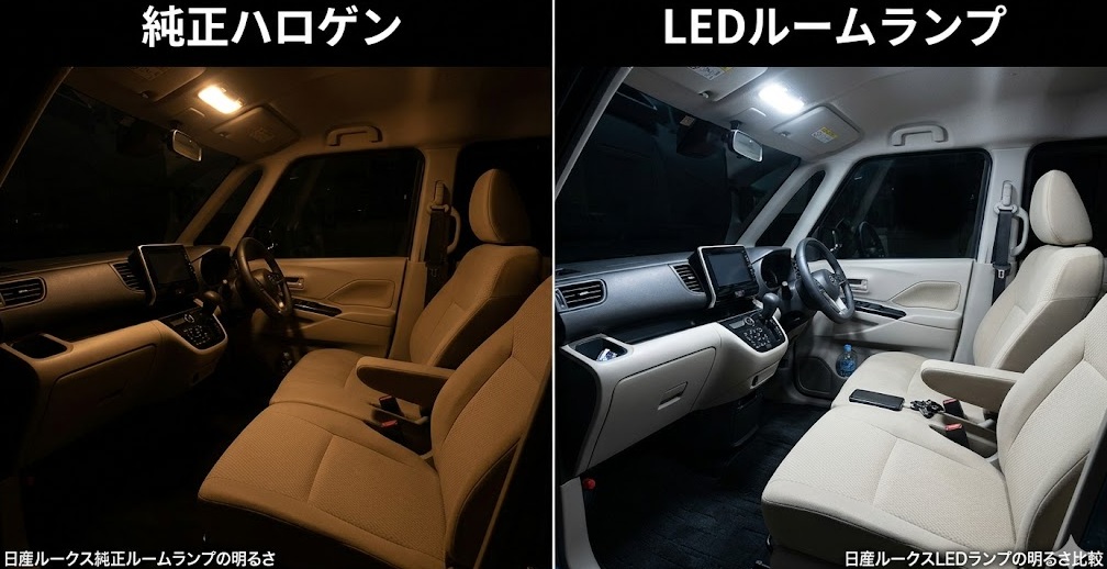 日産ルークスの純正ルームランプとLEDランプの明るさ比較