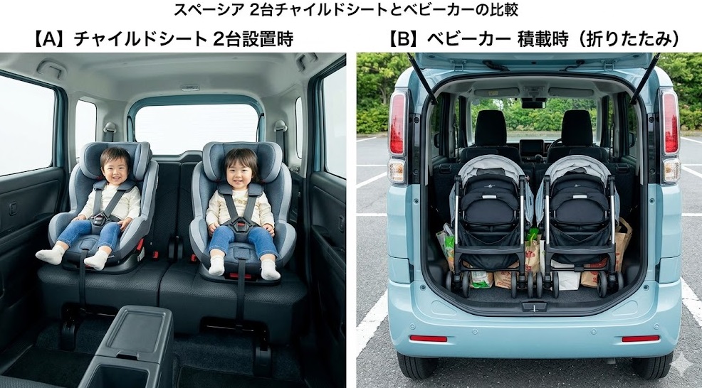 スペーシア チャイルドシート 2台 ベビーカー 荷室