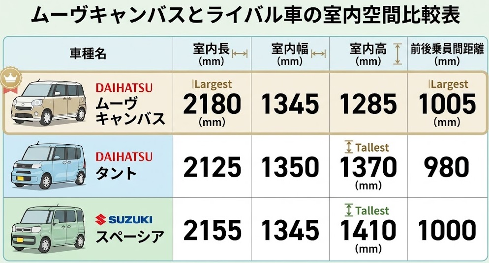 ムーヴキャンバス・タント・スペーシアの室内寸法比較表