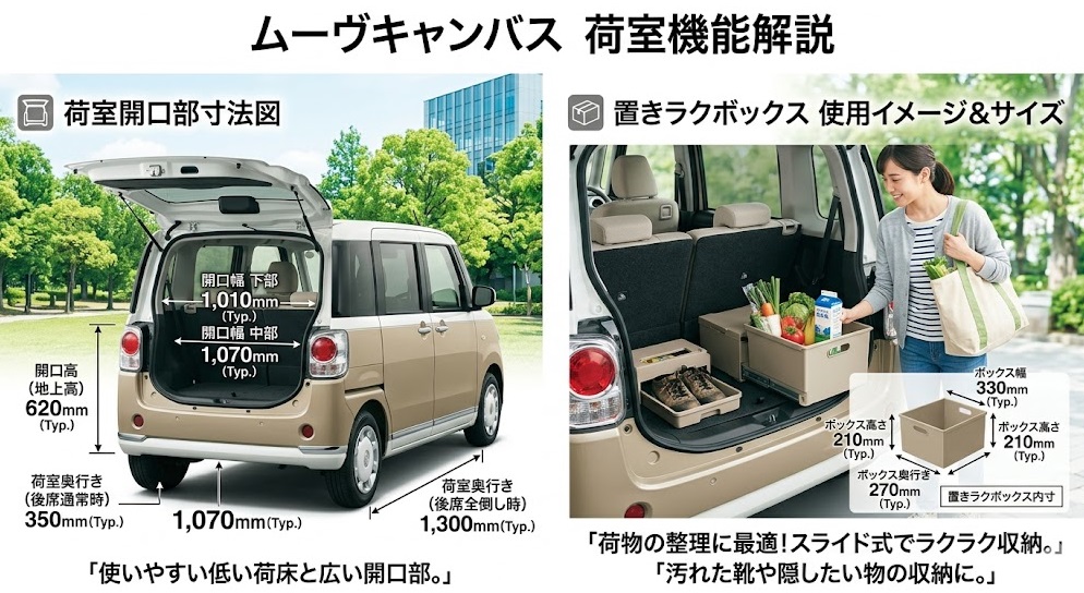 ムーヴキャンバスのトランク寸法と置きラクボックスのサイズ