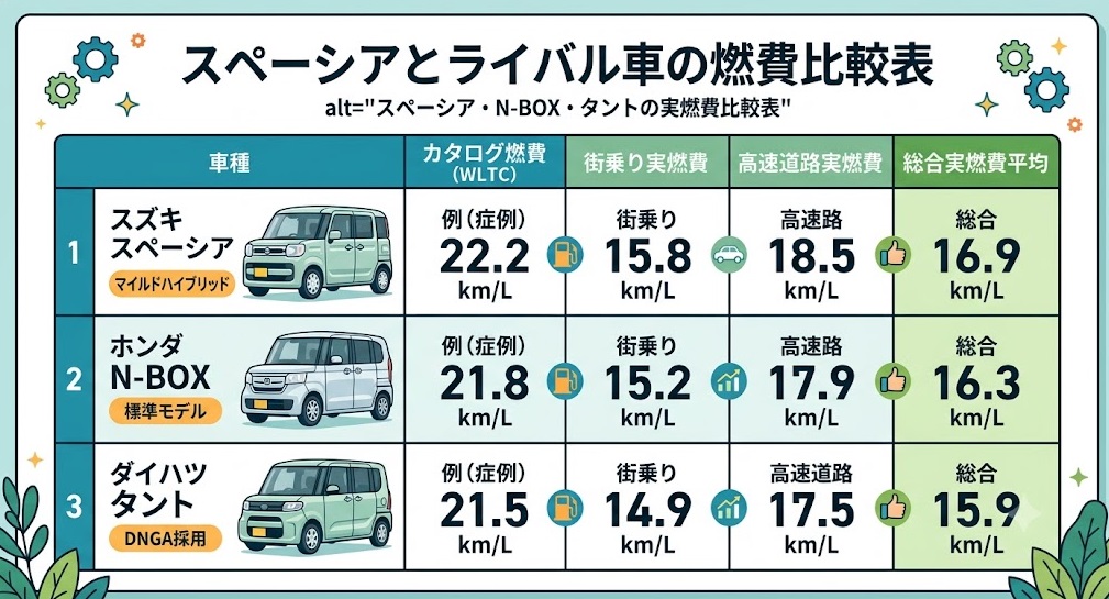 スペーシア・N-BOX・タントの実燃費比較表