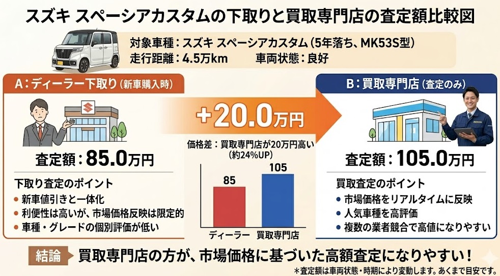スズキ スペーシアカスタムの下取りと買取専門店の査定額比較図