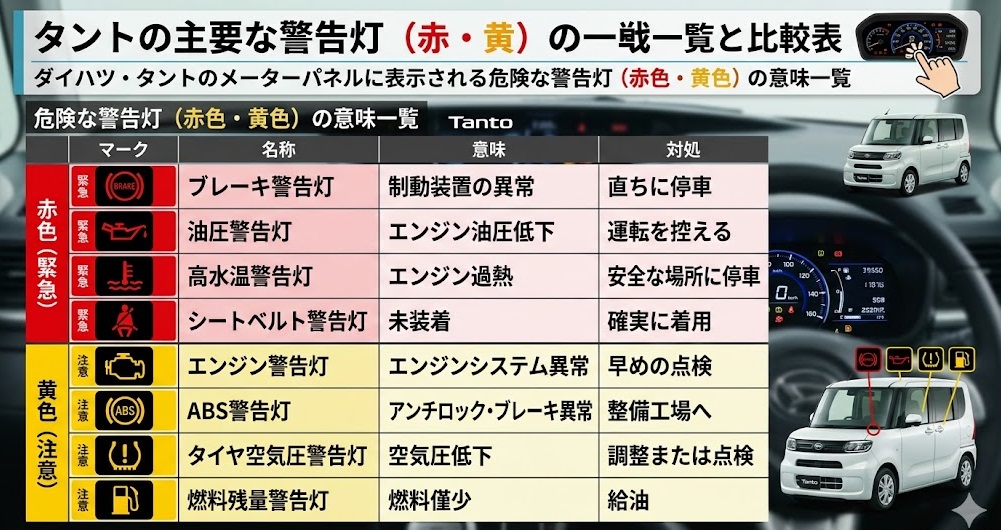 ダイハツ・タントのメーターパネルに表示される危険な警告灯(赤色・黄色)の意味一覧