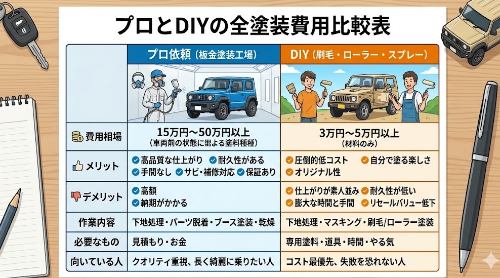 スズキジムニー全塗装のプロ依頼とDIYの費用相場比較表