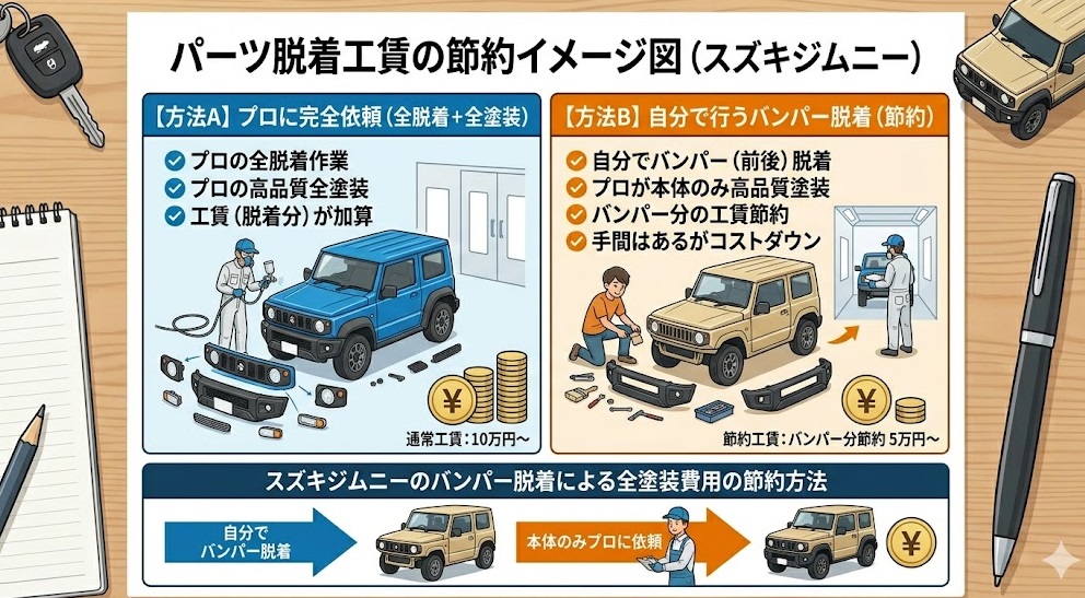 スズキジムニーのバンパー脱着による全塗装費用の節約方法