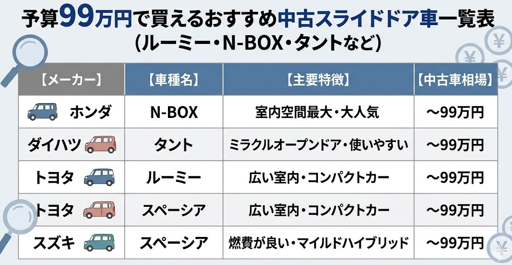 予算99万円で買えるおすすめ中古スライドドア車(ルーミー・N-BOX・タントなど)