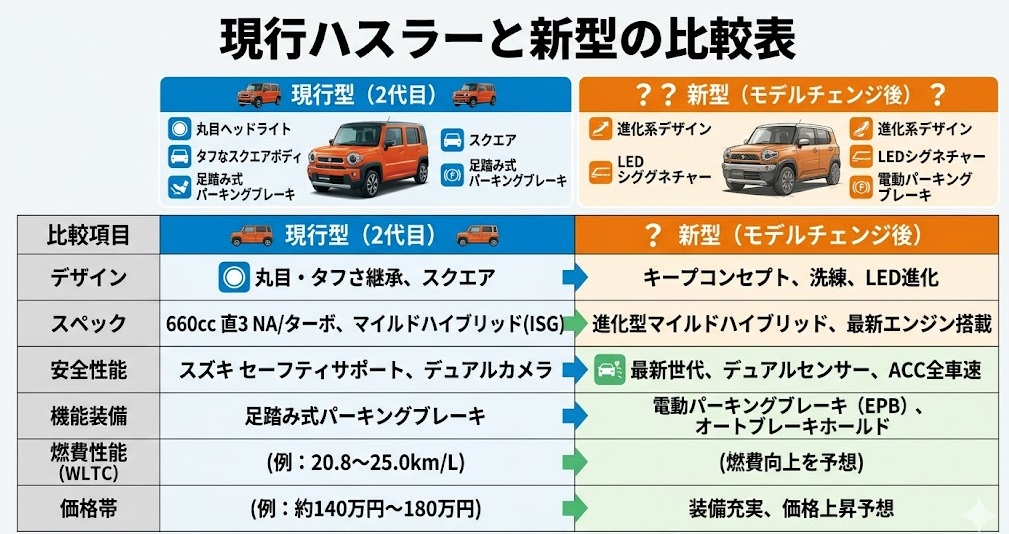 ハスラーのモデルチェンジ前後スペック・デザイン比較表