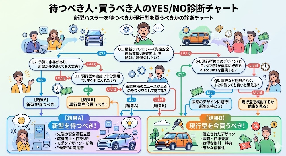 新型ハスラーを待つべきか現行型を買うべきかの診断チャート