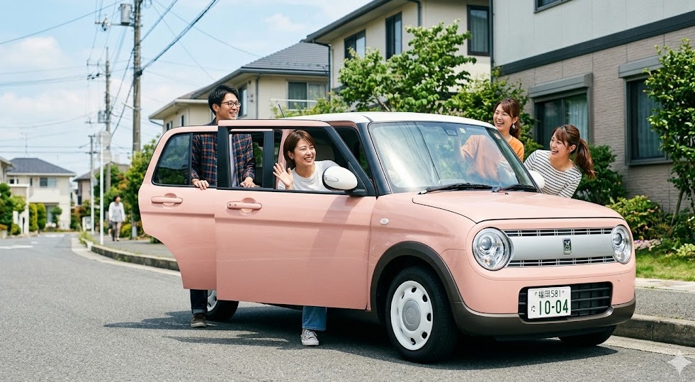可愛らしいスズキ ラパン 4人乗り 外観と楽しそうな乗車イメージ