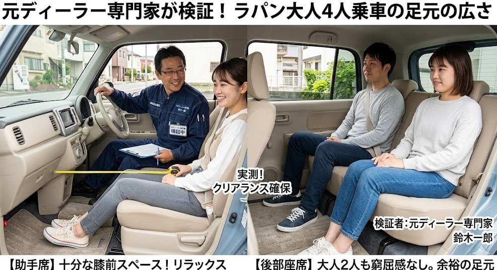 元ディーラーの専門家がラパンの大人4人乗車時の足元の広さを検証している様子