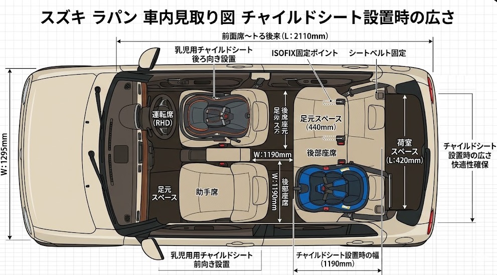 チャイルドシートを設置したラパンの車内見取り図 / alt="ラパン チャイルドシート 設置時の広さ