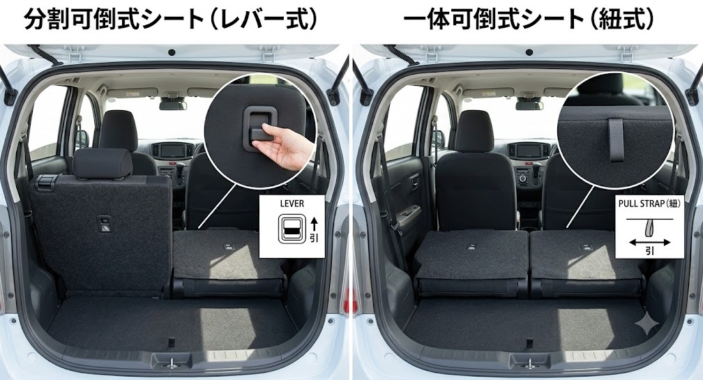 ミライースの分割可倒式（レバー）と一体可倒式（紐）の違いがわかる比較写真
