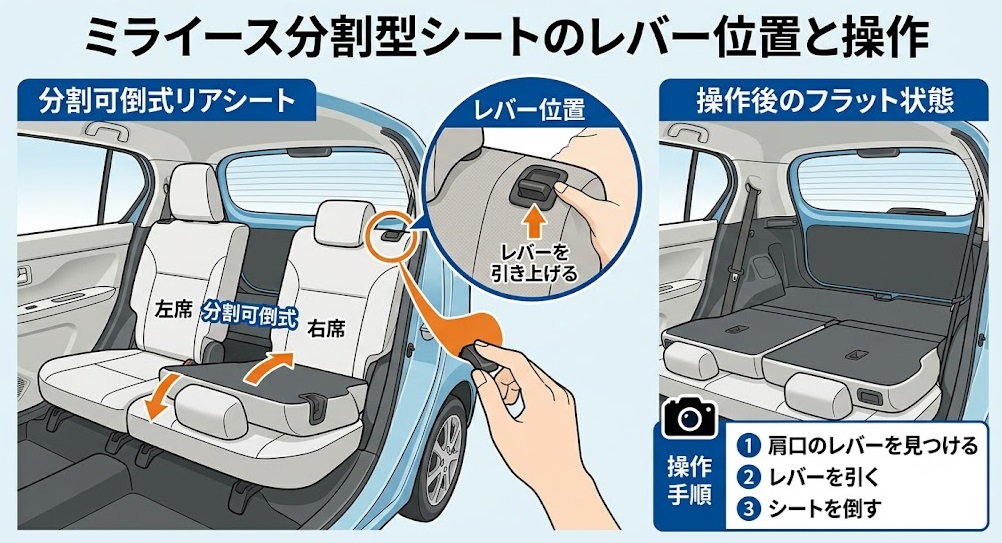 ミライースの分割可倒式後部座席の肩口にあるレバーを引き上げる様子