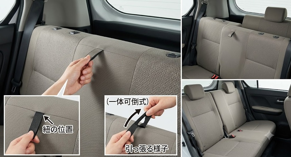 ミライースの一体可倒式後部座席にあるシートを倒すための紐の位置と引っ張る様子