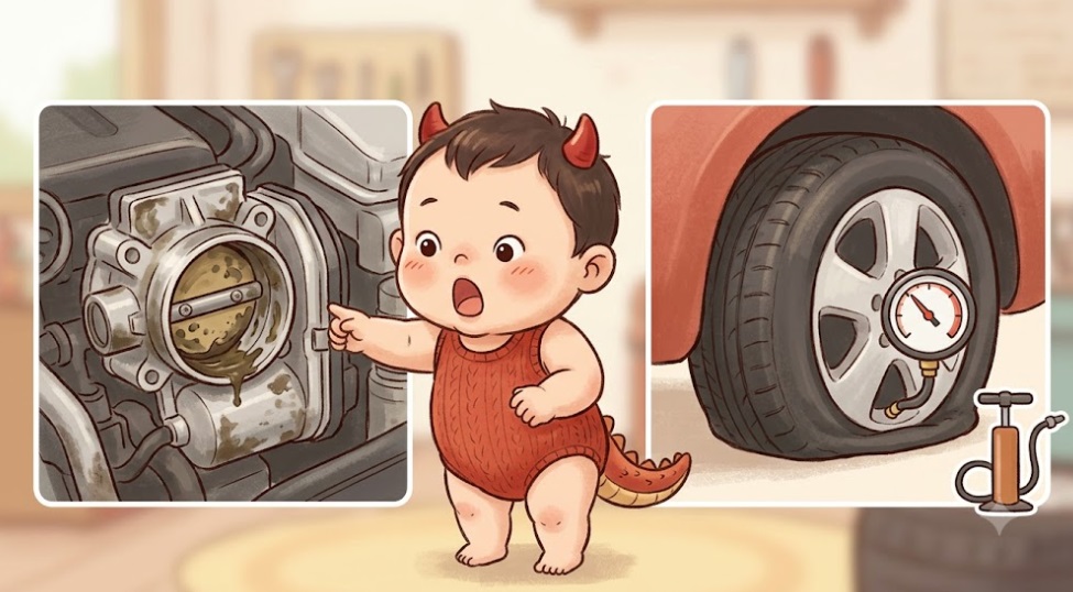 旧型ラパンの燃費悪化の原因を点検する小悪魔赤ちゃん"