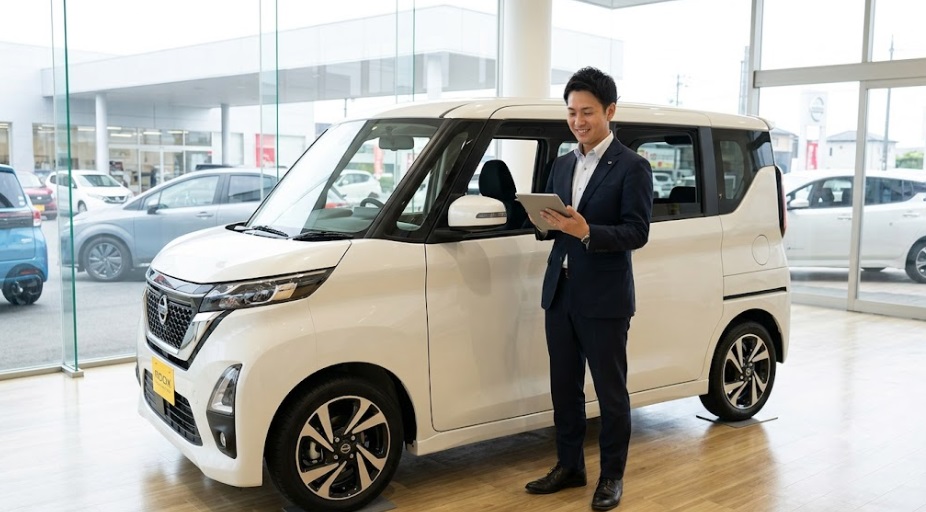 日産のディーラー店舗で最新のルークス ハイウェイスターの横に立ち、交渉のヒントをタブレットで確認するブログ運営者Kのイメージ。