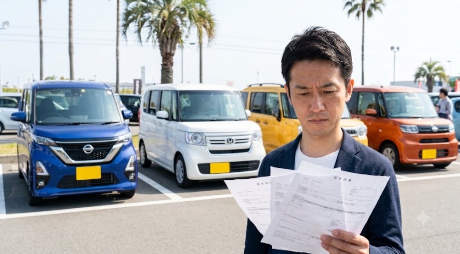 軽ハイトワゴンの展示スペースで、日産ルークス ハイウェイスター（ブルー）と、競合するホンダN-BOX、スズキスペーシアの見積書を真剣に比較する日本人男性。