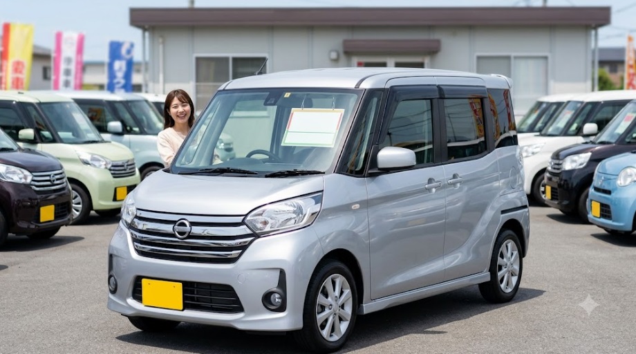 未使用車専門店の駐車場で、ピカピカに磨かれた日産ルークスの登録済未使用車（シルバー）に嬉しそうに乗り込む日本人女性。