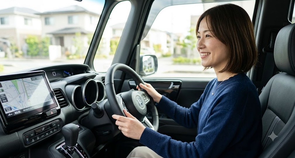 ホンダN-BOXカスタムの運転席で、質感の向上した本革巻ステアリングと上質なインテリアに満足するアジア人女性。