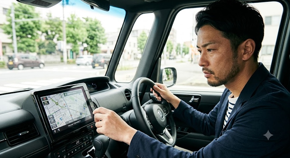 ホンダN-BOXカスタムの上位グレードに標準装備された、9インチ純正ナビゲーションシステム（Honda CONNECTナビ）の画面を真剣に見つめるアジア人男性。